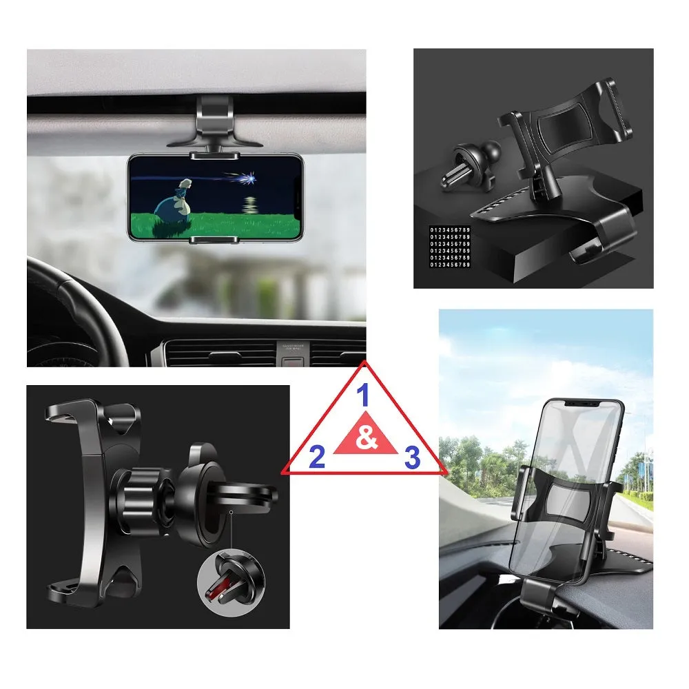 3 in 1 Car GPS Smartphone Holder: Dashboard / Visor Clamp   AC Grid Clip for M.T.T. Waterproof - Black