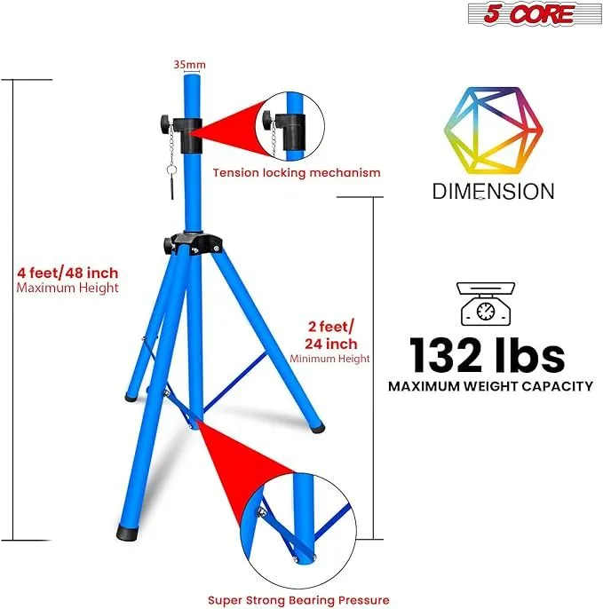 5 Core Speaker Stand Tripod Floor Adjustable Up to 48 Inch DJ Studio Monitor Stands Short Pole Mount - SS HD 1PK SKY BLU 4FT