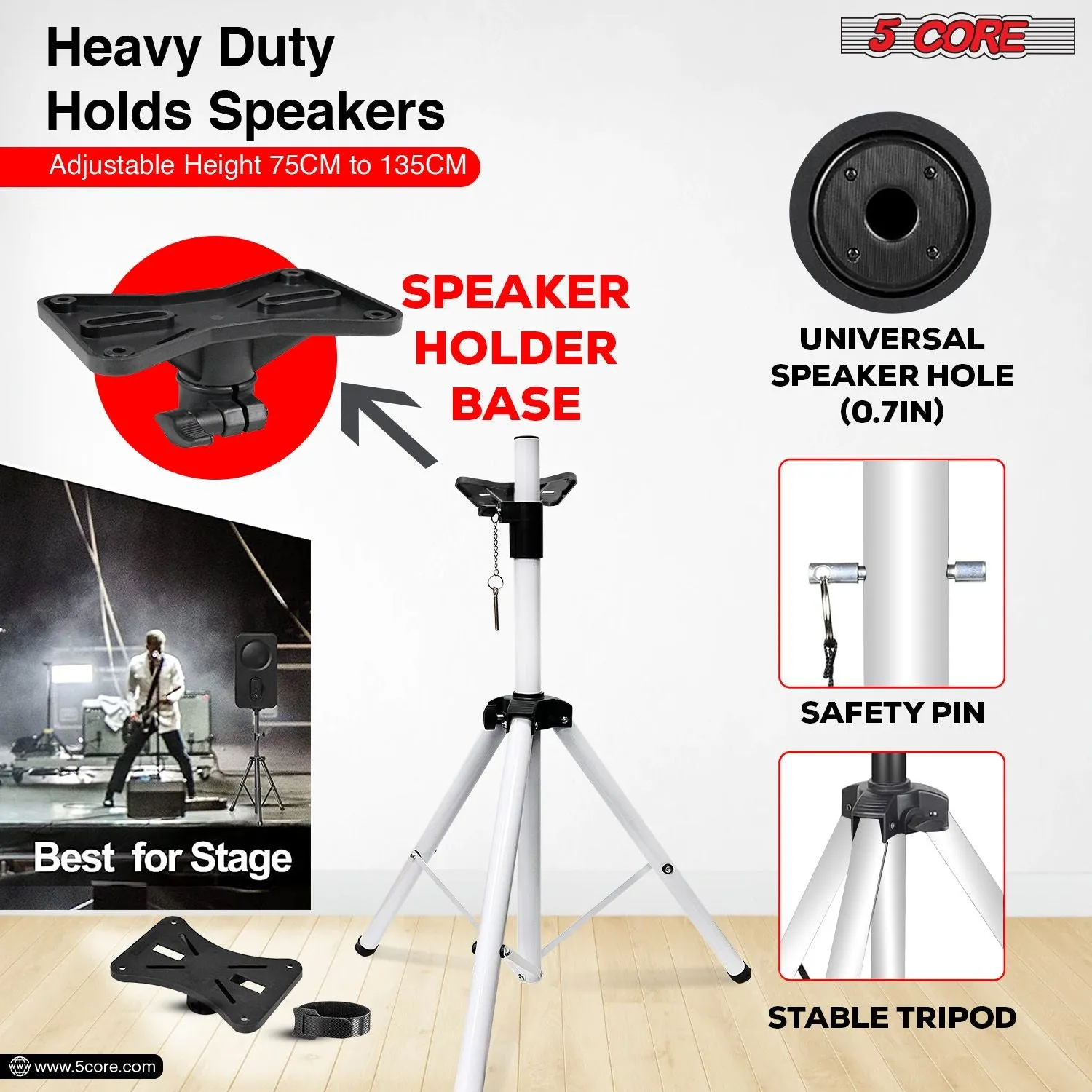 5 Core Speaker Stand Tripod Floor Heavy Duty Adjustable Up to 72 Inch DJ Studio Monitor Stands Pole Mount - SS HD WH BAG