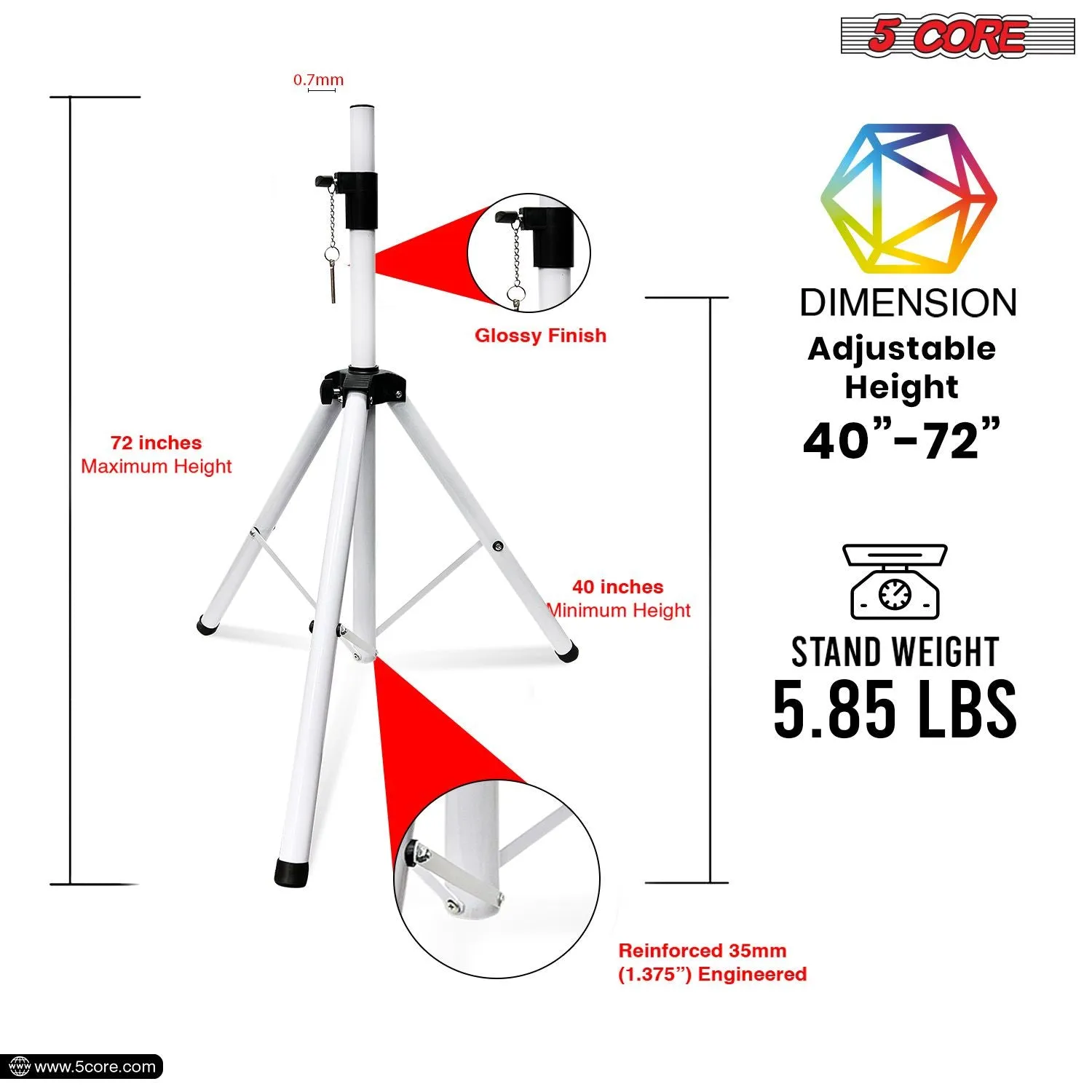 5 Core Speaker Stand Tripod Floor Heavy Duty Adjustable Up to 72 Inch DJ Studio Monitor Stands Pole Mount - SS HD WH BAG