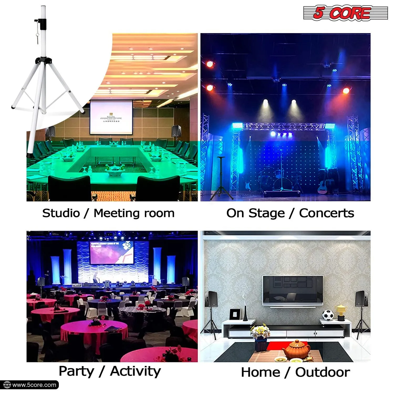 5 Core Speaker Stand Tripod Floor Heavy Duty Adjustable Up to 72 Inch DJ Studio Monitor Stands Pole Mount - SS HD WH BAG