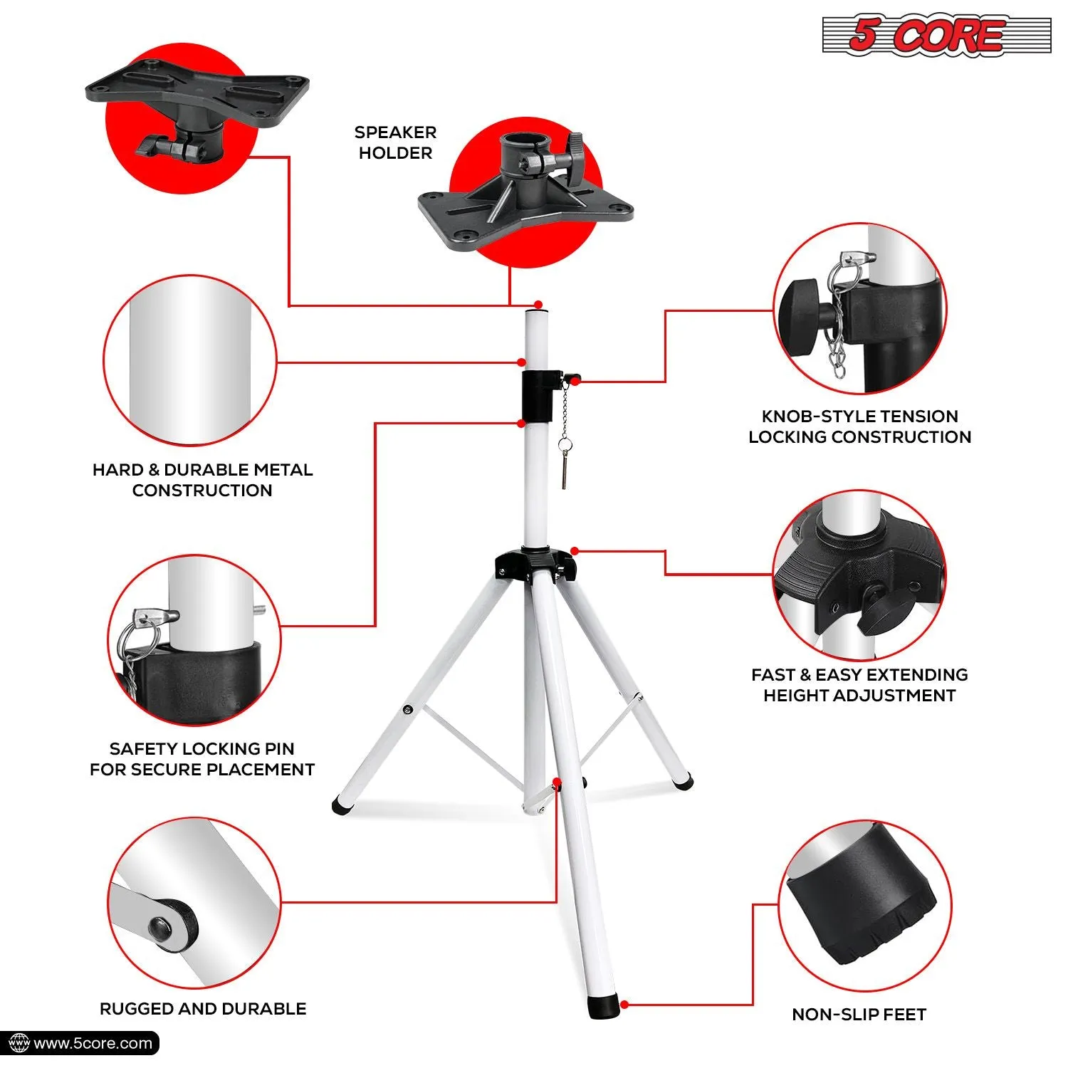 5 Core Speaker Stand Tripod Floor Heavy Duty Adjustable Up to 72 Inch DJ Studio Monitor Stands Pole Mount - SS HD WH BAG