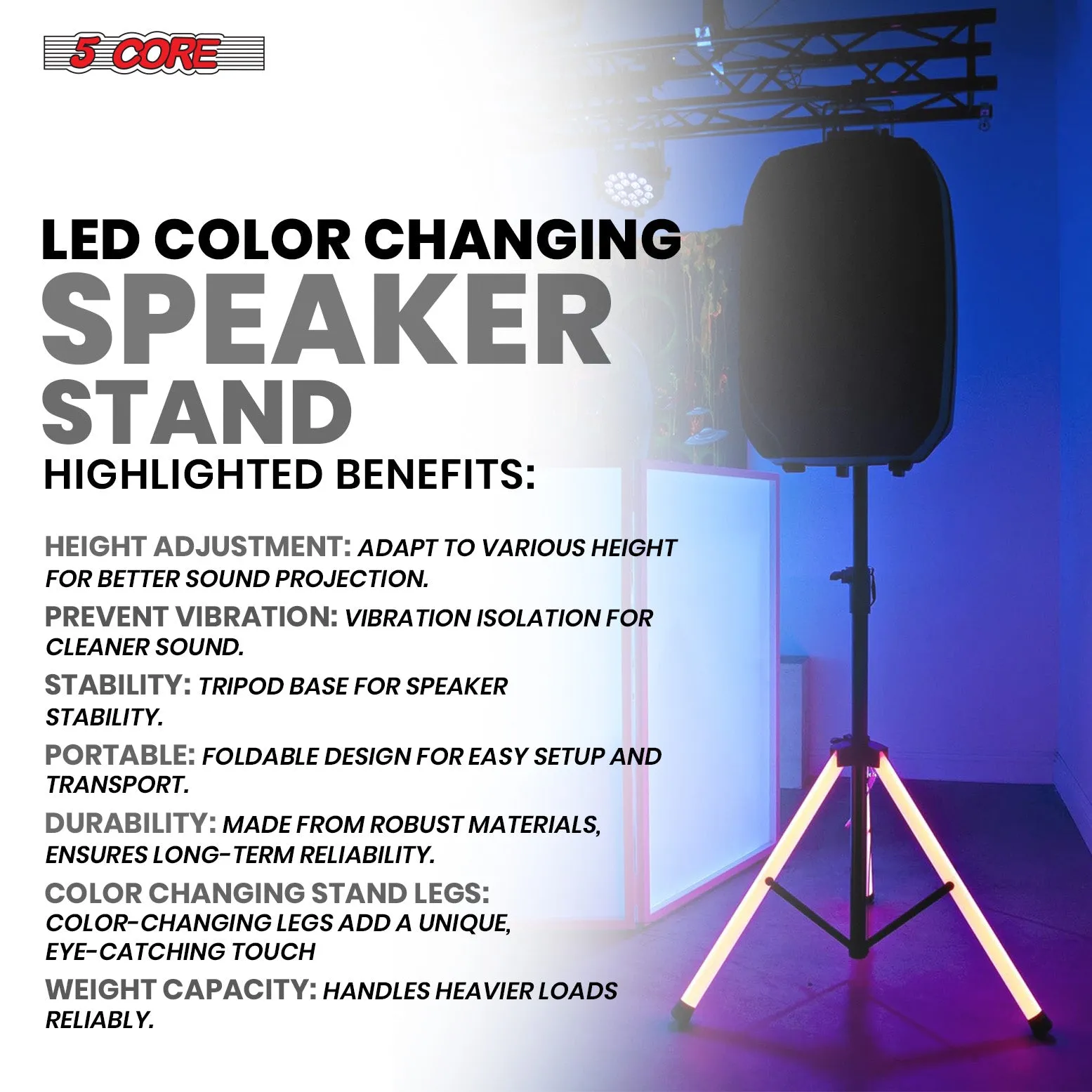 5Core Speaker Stand Tripod w RGB  Lights Adjustable 72 Inch DJ Studio Monitor Stands