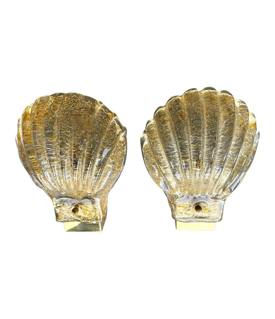 A pair of lovely orignal Italian 1960s Barovier & Toso Murano glass shell wall sconces with brass fittings