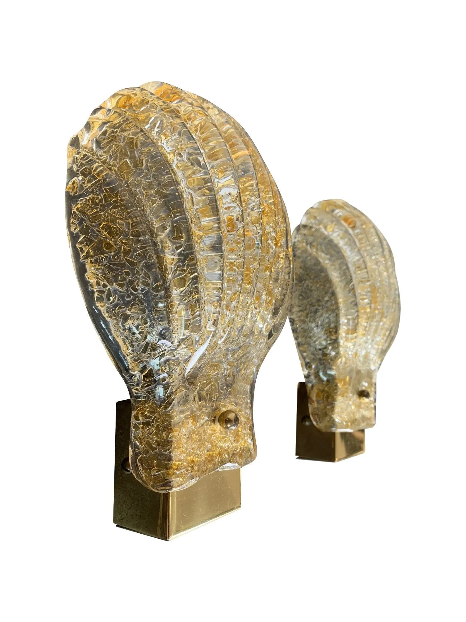 A pair of lovely orignal Italian 1960s Barovier & Toso Murano glass shell wall sconces with brass fittings