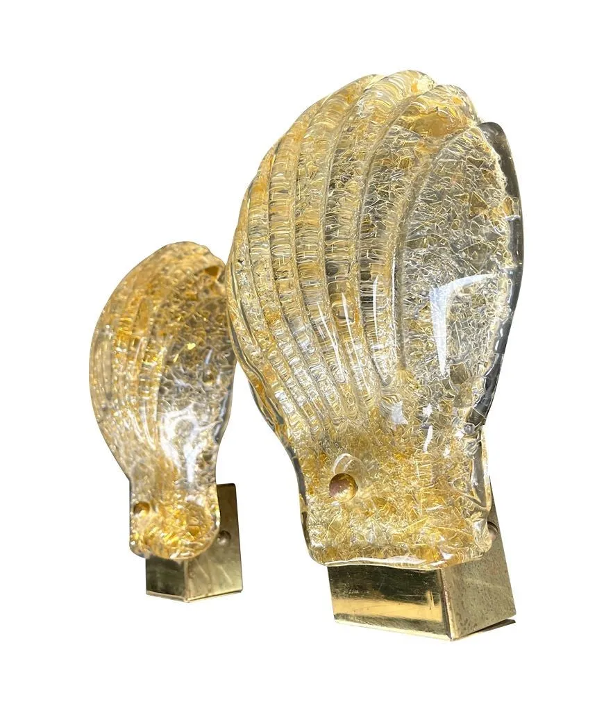 A pair of lovely orignal Italian 1960s Barovier & Toso Murano glass shell wall sconces with brass fittings