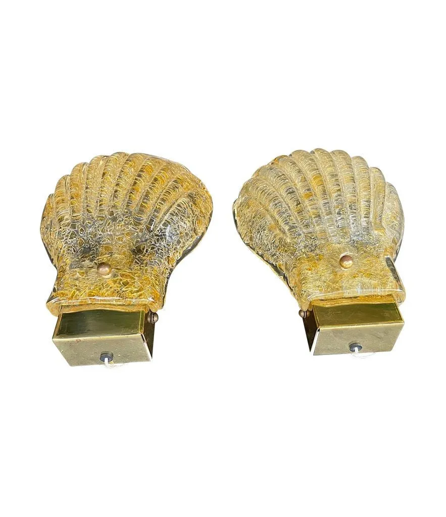 A pair of lovely orignal Italian 1960s Barovier & Toso Murano glass shell wall sconces with brass fittings