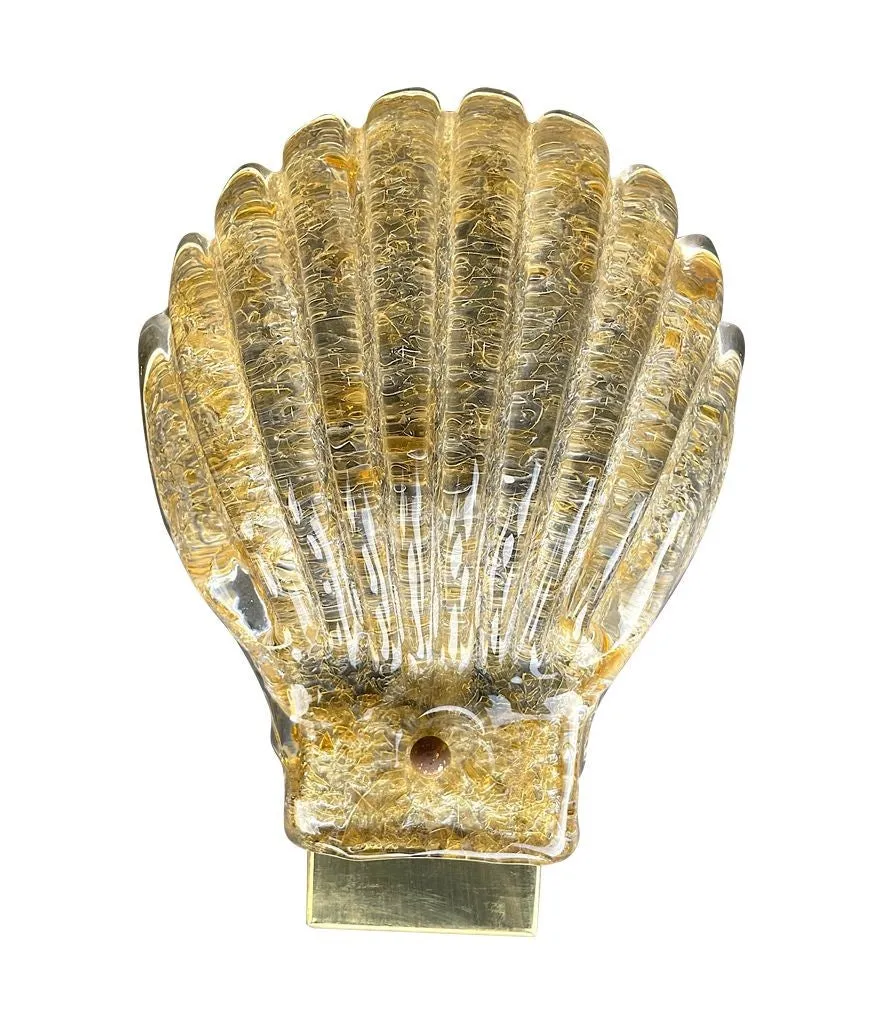 A pair of lovely orignal Italian 1960s Barovier & Toso Murano glass shell wall sconces with brass fittings