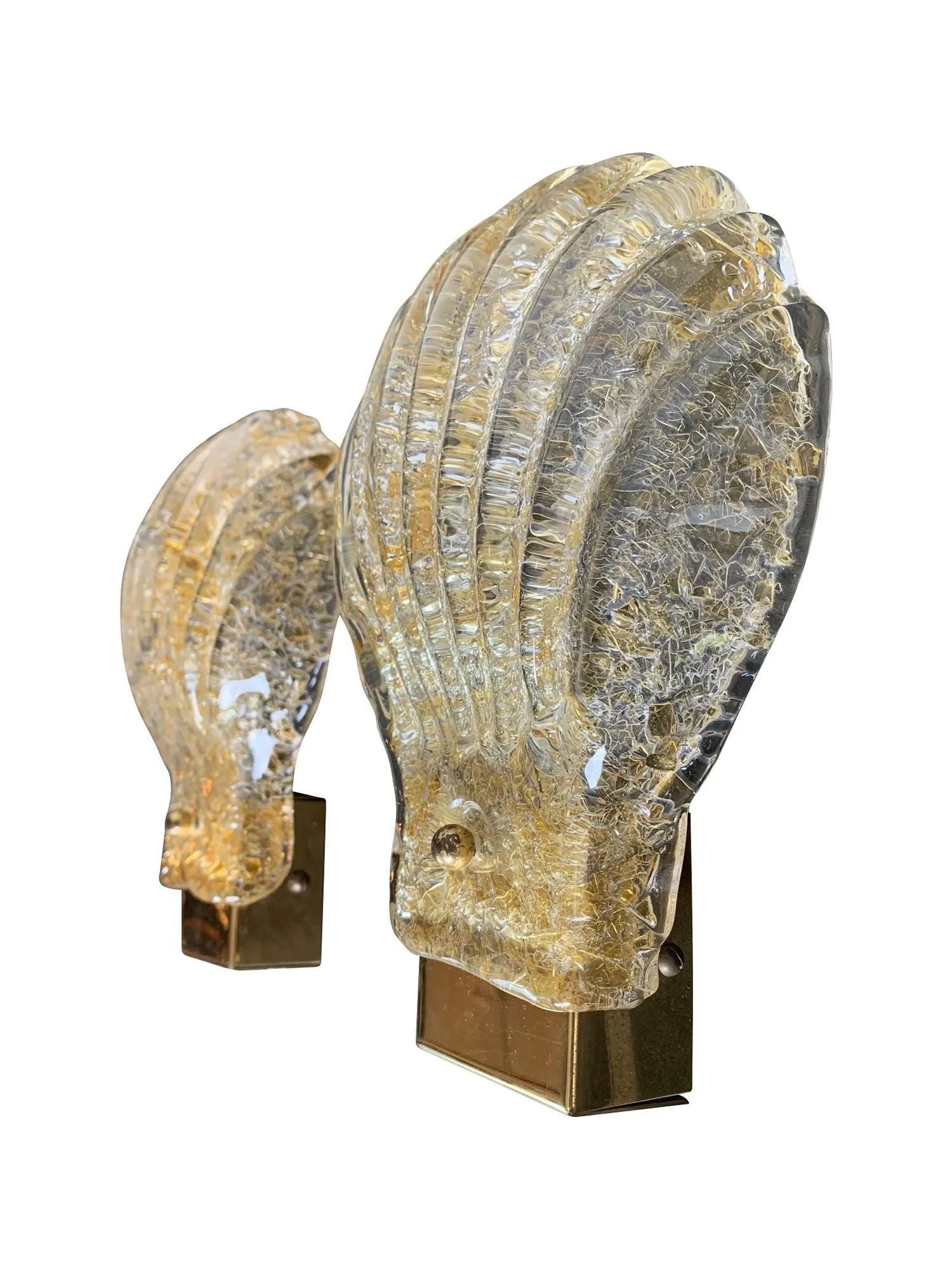 A pair of lovely orignal Italian 1960s Barovier & Toso Murano glass shell wall sconces with brass fittings