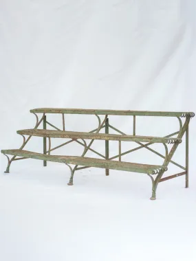 Antique French Arras-style 3-tier iron plant stand w/ rustic green patina 23¾"