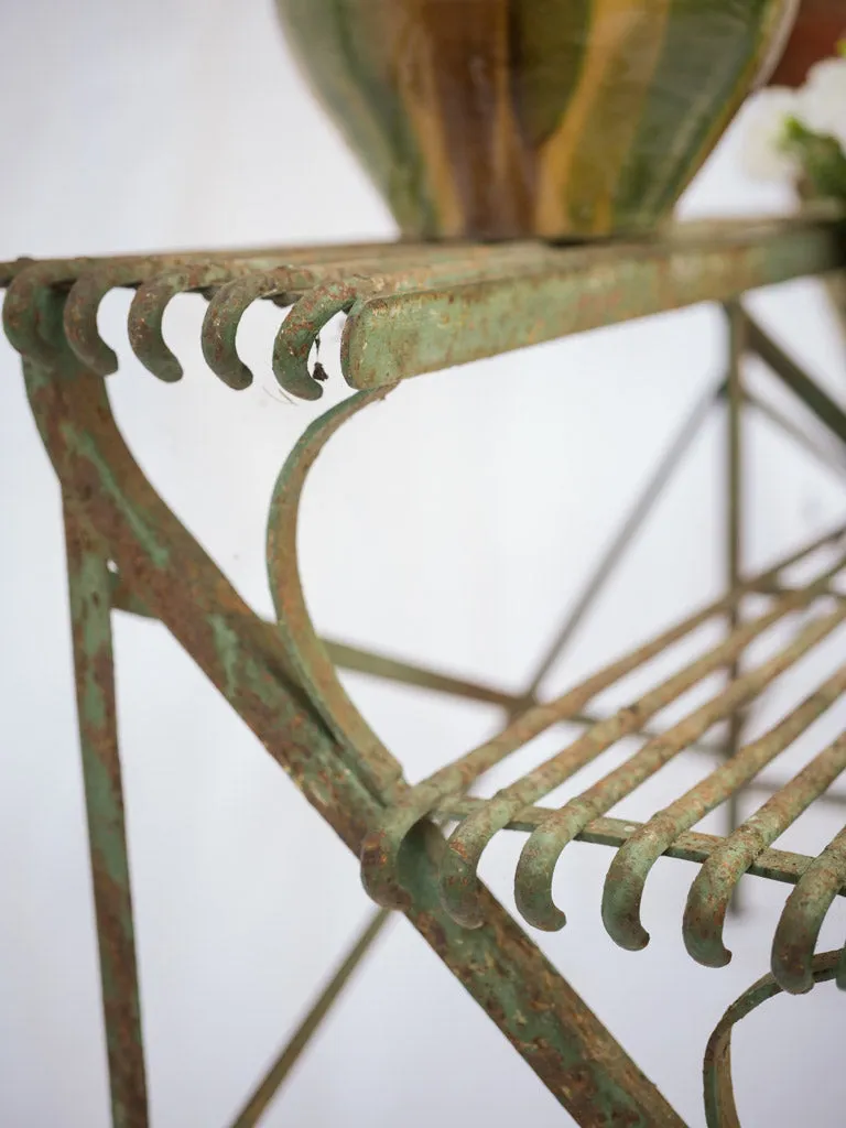 Antique French Arras-style 3-tier iron plant stand w/ rustic green patina 23¾"