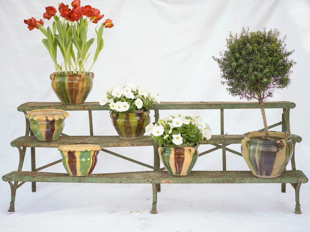 Antique French Arras-style 3-tier iron plant stand w/ rustic green patina 23¾"