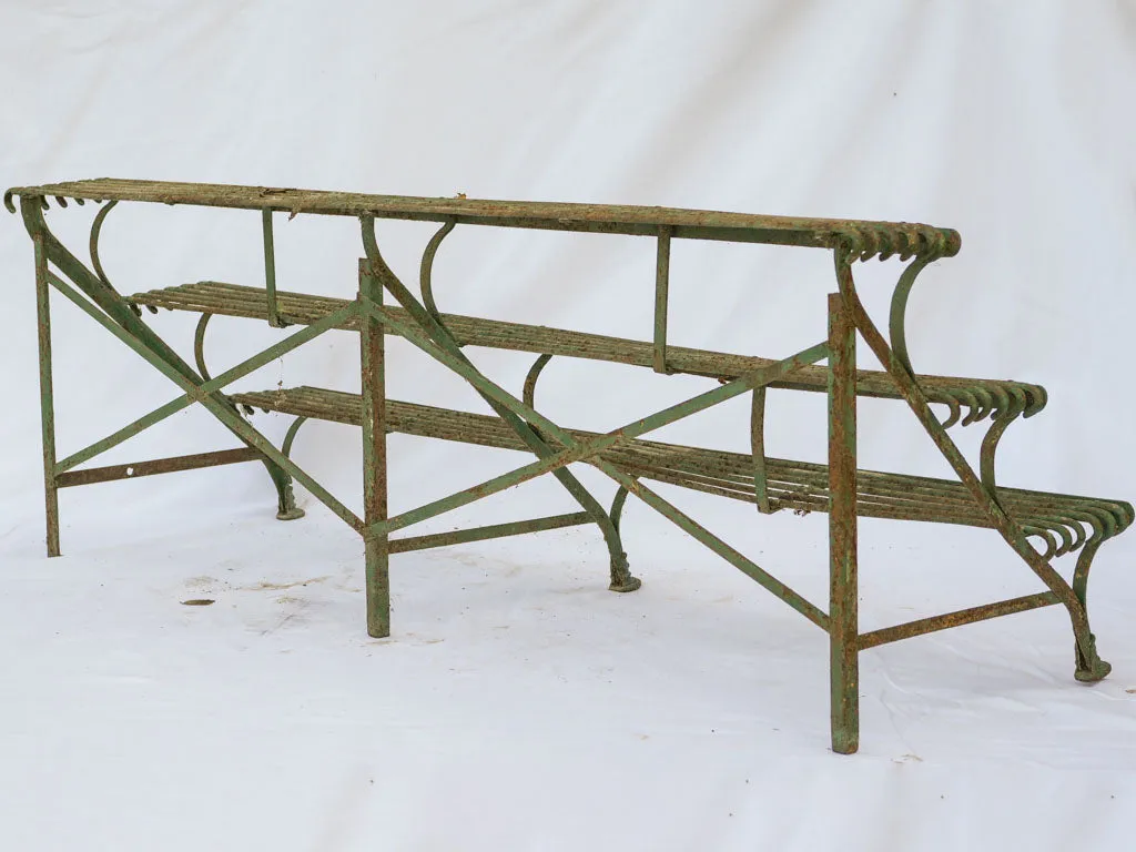 Antique French Arras-style 3-tier iron plant stand w/ rustic green patina 23¾"