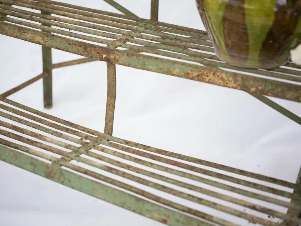 Antique French Arras-style 3-tier iron plant stand w/ rustic green patina 23¾"