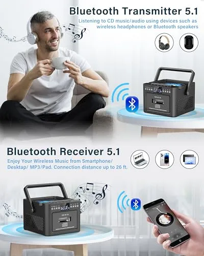 Boombox Cassette CD Player Bluetooth5.1 with 5000mAh Battery,5W Dual Stereo Speakers,Rechargeable CD Player with FM Radio,Remote Control,Tape Recording,3.5mm Earphone Jack,AUX/Micro SD/USB for Home