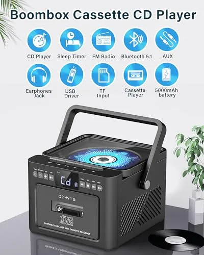 Boombox Cassette CD Player Bluetooth5.1 with 5000mAh Battery,5W Dual Stereo Speakers,Rechargeable CD Player with FM Radio,Remote Control,Tape Recording,3.5mm Earphone Jack,AUX/Micro SD/USB for Home