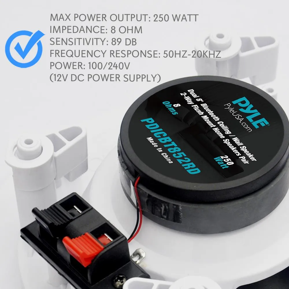Dual 8’’ Bluetooth Ceiling / Wall Speakers, 2-Way Flush Mount Home Speaker Pair, 250 Watt