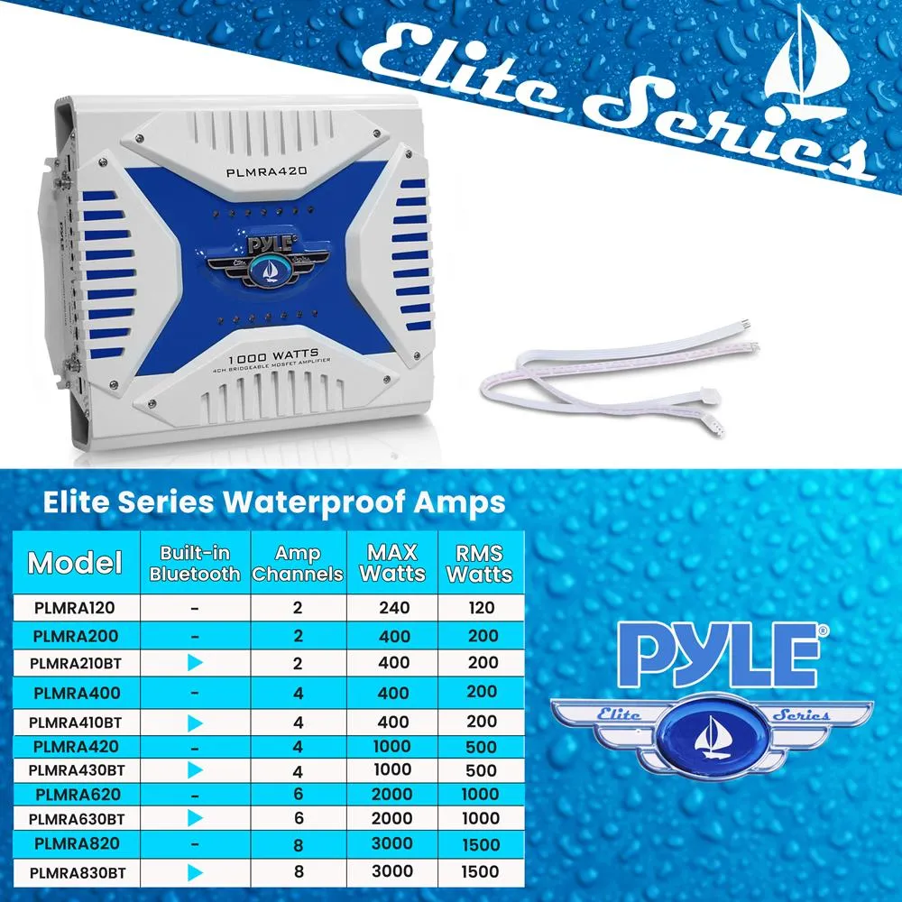 Elite Series Waterproof Amplifier, Bridgeable 1000 Watt 4-Channel Amp