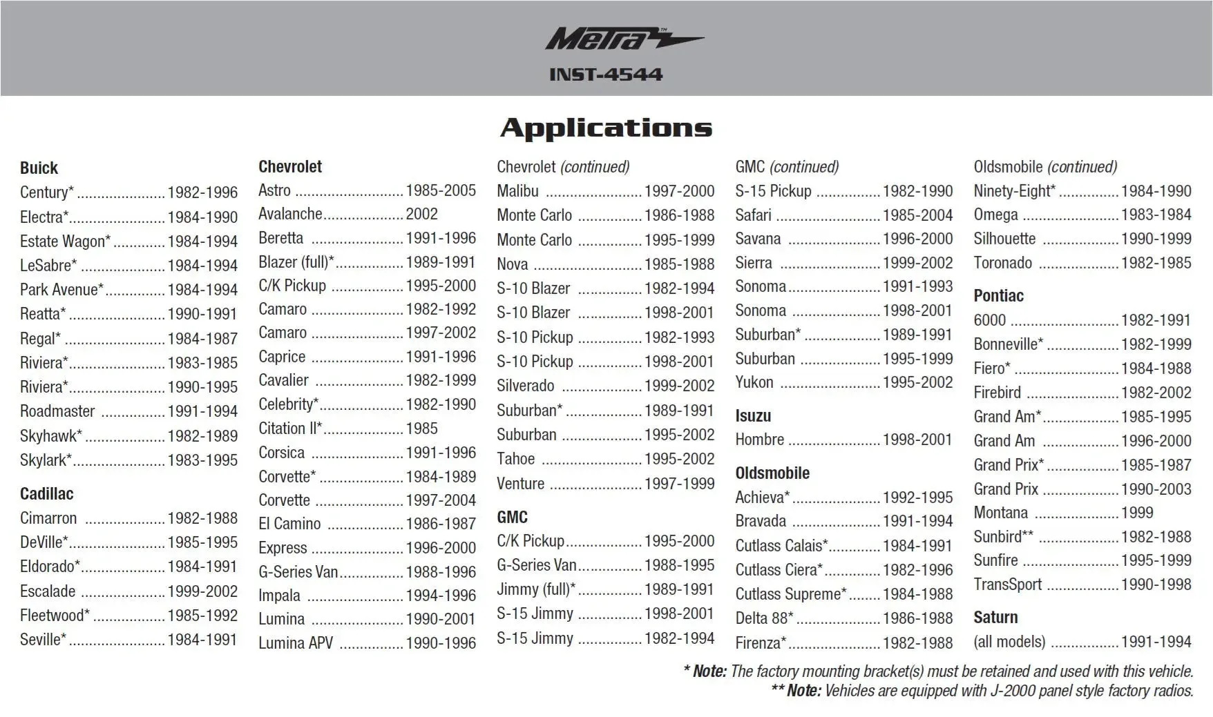 Metra 99-4544 Single DIN Multi Kit w/ EQ Option for select GM Vehicles 1982-2005