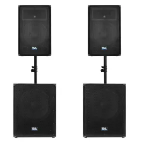 Pair of 15" PA Speakers, Pair of 18" Subwoofers, Pair of Sub Speaker Poles