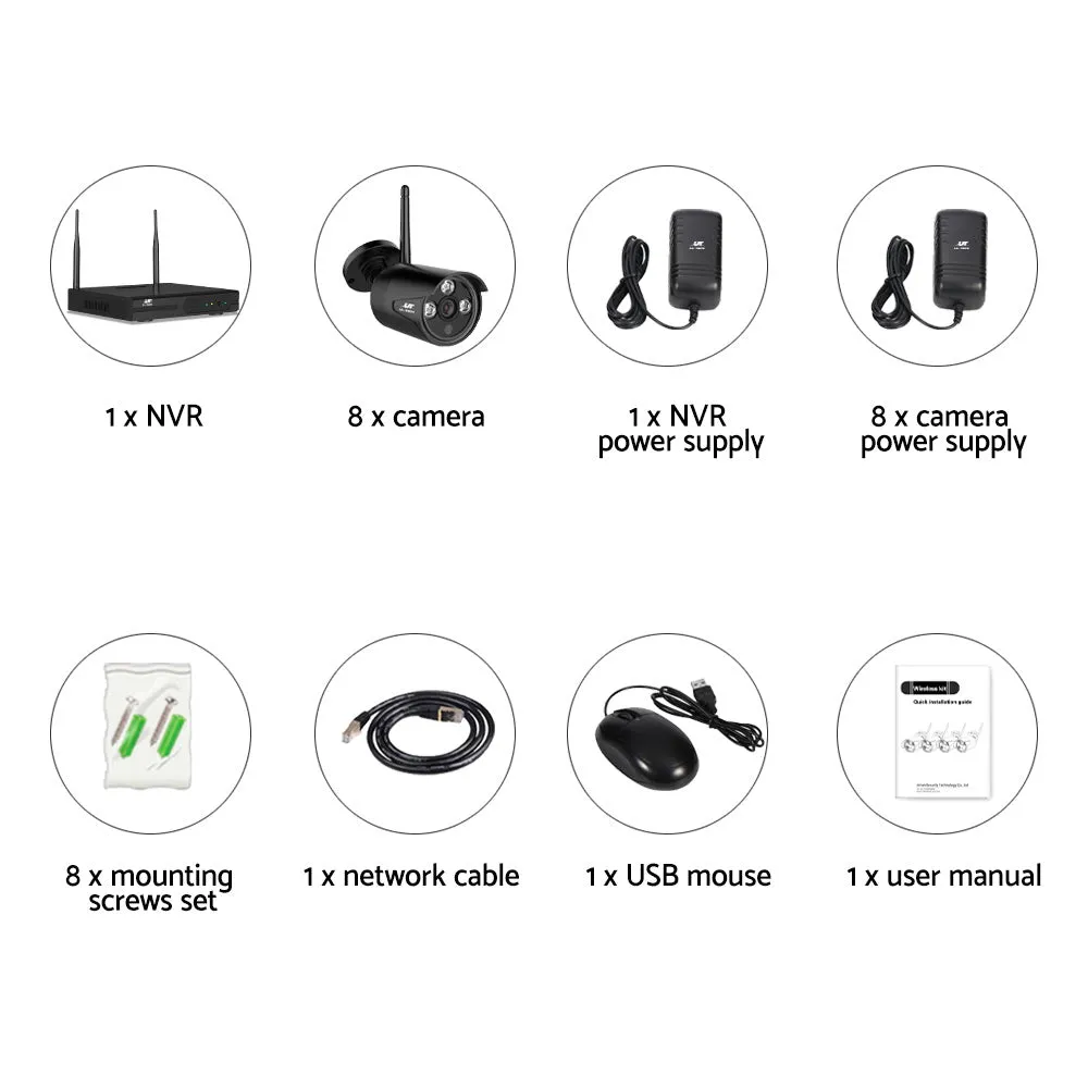 Set of 8 Wireless CCTV Security System 8CH NVR 3MP 8 Bullet Cameras