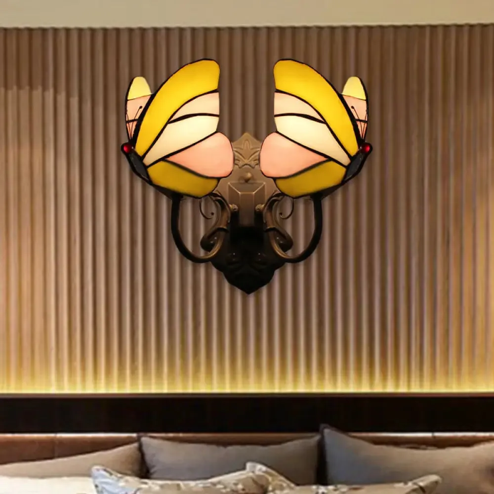 Stained Glass Butterfly Wall Sconce with Dual Lights for Living Room Décor