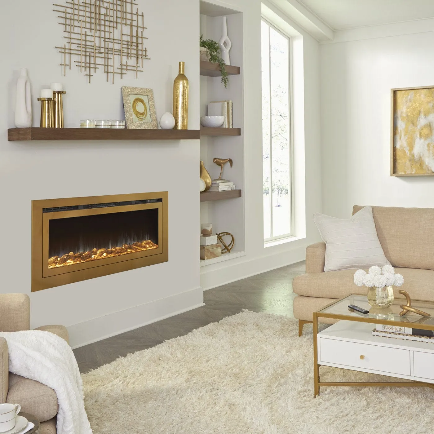 The Sideline Deluxe Gold 72 Inch Recessed Smart Electric Fireplace 86278
