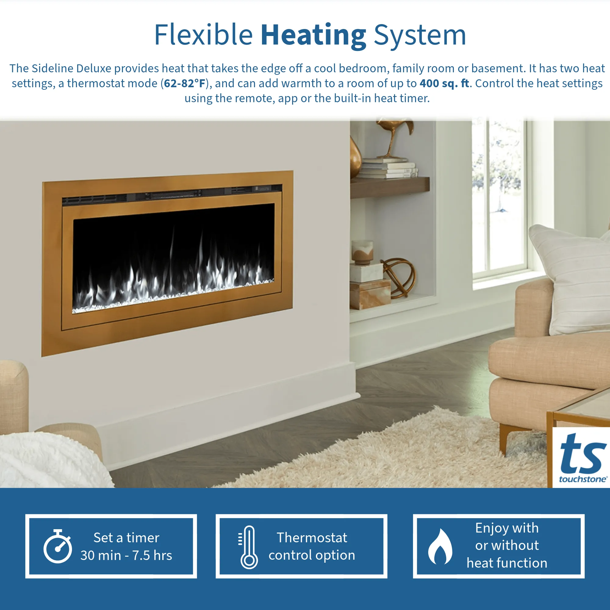 The Sideline Deluxe Gold 72 Inch Recessed Smart Electric Fireplace 86278