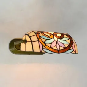 Tiffany Banker Wall Light with Pull Chain - Stained Glass Wall Mount Fixture with Flower Pattern in Beige