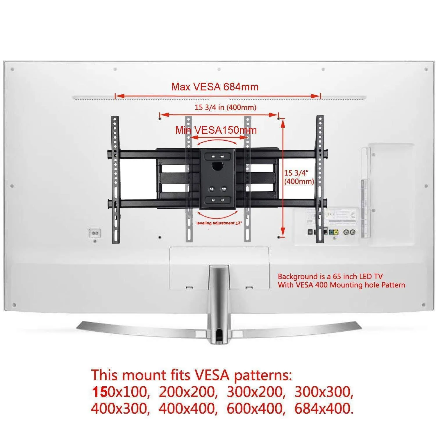 VideoSecu MW380B5 Full Motion Articulating TV Wall Mount Bracket for Most 37"-75" LED LCD Plasma HDTV Up to 125 lbs with VESA 684x400 600x400 400x400 150x100mm, Dual Arm Pulls Out Up to 14" AW9